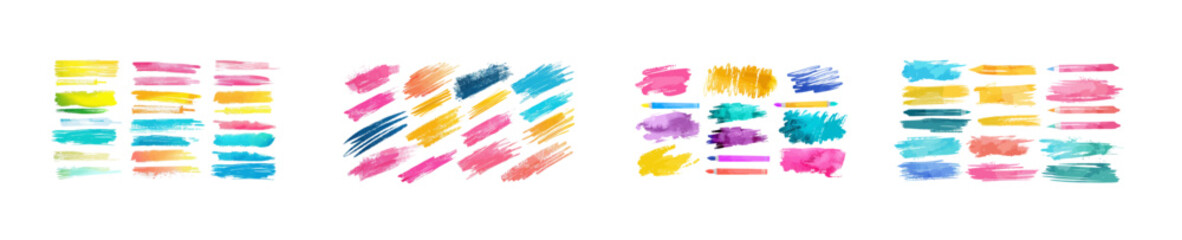 Colorful line highlights on markers. Markers stripes and yellow highlights on markers. Colorful marker sketch, ink brush sketch doodle. Isolated set of modern signs.