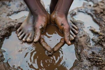 Fototapeta premium Close-up of hands scooping mud from a shallow mud puddle.