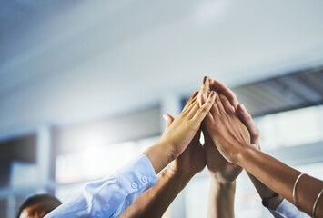 Cooperation, people and high five of hands, office and agreement of merger of company and unity....