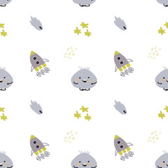 Childrens cute pattern with monsters or aliens in space. Galaxy elements and rockets, planets background. Cute characters and cosmic objects for print. Childrens adventure pattern in naive doodle styl
