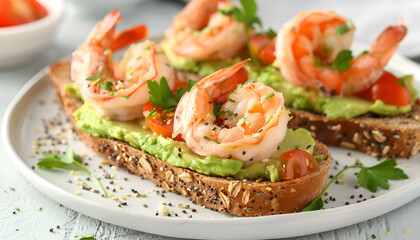 Toast with avocado and shrimps on multigrain bread. Healthy shrimp avocado appetizer