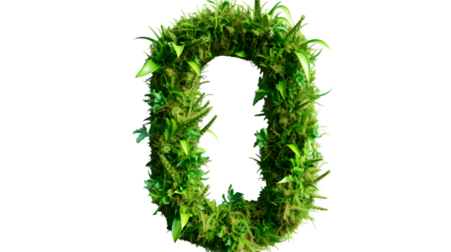 Digit 0 made with grass, PNG file, transparent background, isolated on white