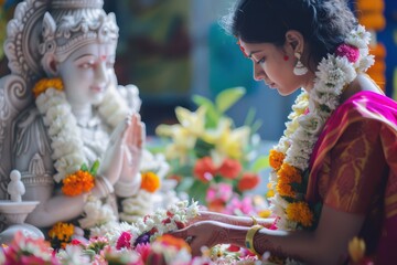 Obraz premium Traditional Indian Woman in Saree Performing Hindu Ritual with Floral Offerings