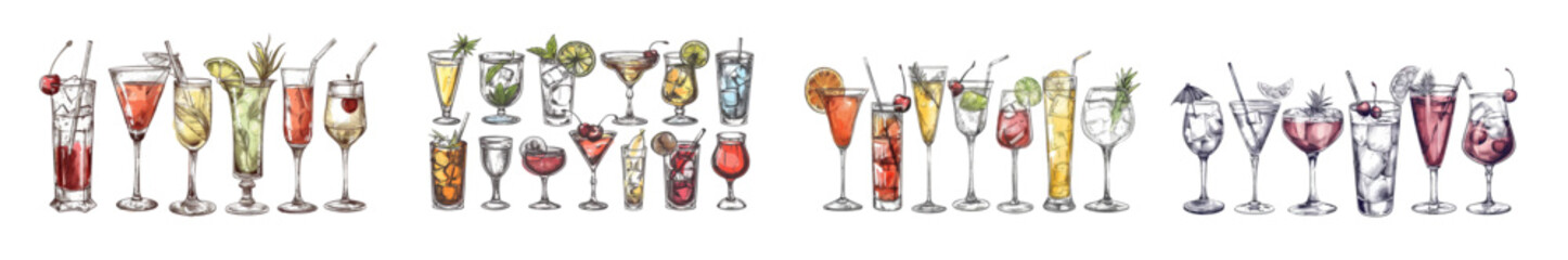 The pina colada, Americano, cherry cocktail, margarita and sangria for a modern menu set. Illustration of alcoholic drinks and margaritas for a modern menu. Cocktail illustration such as the