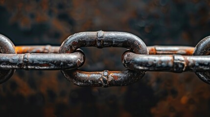 Naklejka premium Close-up view of metal chain with links represents strength On a dark brown-black background