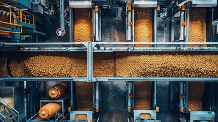 Overhead view of manufacturing equipment processing and packaging dry dog food, industrial setting