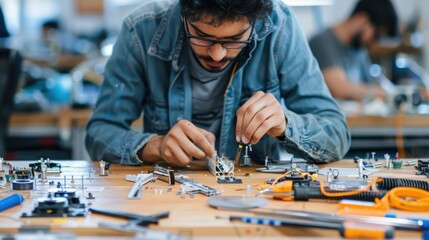 Engineer focusing on assembling electronic components and circuits on a workbench in a workshop, showcasing expertise in electronics.