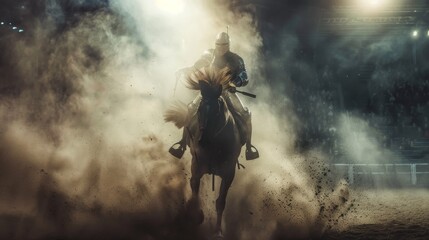 Fototapeta premium Knight Charging on Horseback Through Dust and Light - Generative AI