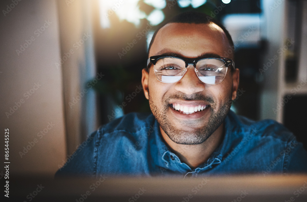 Poster black man, home and portrait on computer for remote work as it specialist or consultant and freelanc