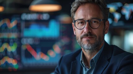 Confident businessman in modern office with financial charts and data analysis on screens in the background.