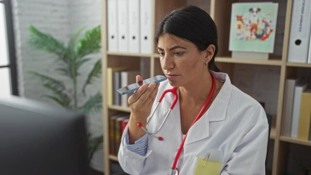 A female doctor in a clinic office, wearing a white coat with a stethoscope around her neck, speaks into her smartphone for a voice note or message.