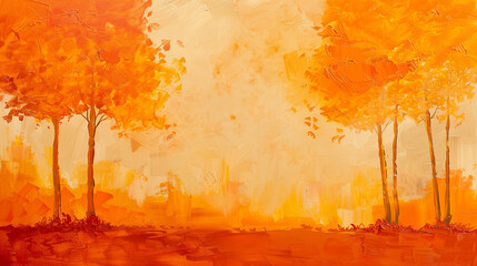 This image features an abstract painting of autumn trees with vibrant orange and yellow leaves. The textured brushstrokes on the acrylic canvas create a colorful, modern landscape