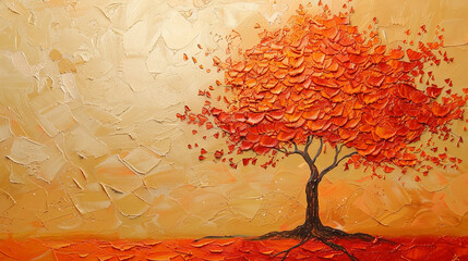 An abstract painting of a tree in autumn with vibrant orange and red leaves. The textured brushstrokes on the acrylic canvas create a colorful, modern landscape.