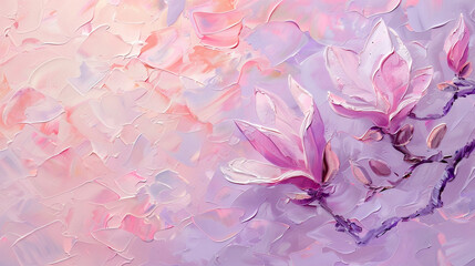 This image features magnolia flowers in an abstract painting with pastel pink and purple hues. The textured petals and delicate brushstrokes create an elegant, modern floral design.