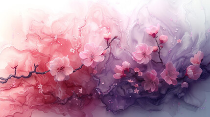  cherry blossoms painted in a delicate watercolor style, with soft pink and purple hues. The floral branches and petals create an elegant, ethereal springtime scene.
