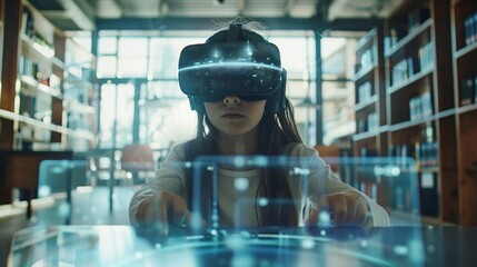 Child Using Virtual Reality Headset in a Modern Library - Generative AI