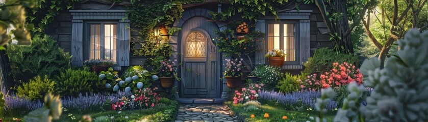 Fototapeta premium A house with a large front door and a window. The house is surrounded by a garden with many flowers and plants