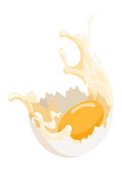Cracked egg with yolk. Baking or cooking ingredient. Eggshell and protein. Healthy organic food. Diet with raw and broken product. Vector cartoon food