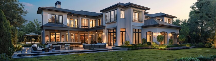 New luxury home exterior with a lush backyard