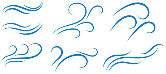 Set of wave shapes, wave formats, shapes, wave forms of water or wind flows. symbol shapes of wind and water waves flow. colorful fill icons