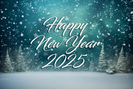 Happy New Year 2025 greeting backdrop, Idyllic winter Wonderland Background with Fir Tree, Snowflakes, copy space