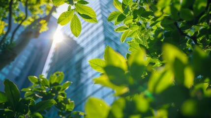Sustainable glass office building, Eco-friendly building, with tree for reducing carbon dioxide. Green environment. Eco-friendly, Oxygen.