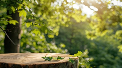 Naklejka premium Sunlit tree stump with leaves in a lush green forest setting.