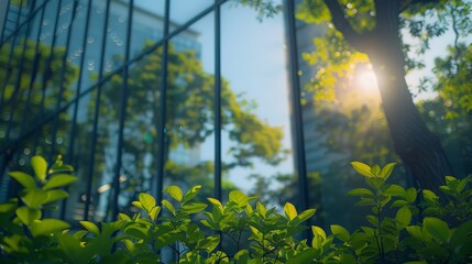 Sustainable glass office building, Eco-friendly building, with tree for reducing carbon dioxide. Green environment. Eco-friendly, Oxygen.