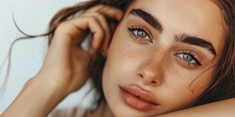 Obraz premium A woman with long brown hair and blue eyes is sitting with her head tilted to the side. She has a slight smile on her face and her eyes are closed