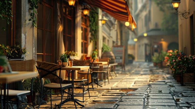 Outdoor advertising stand in a cozy street cafe setting