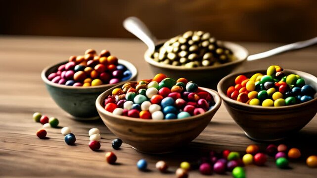  A colorful assortment of candy in bowls on a wooden table