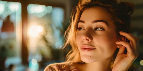 Fototapeta premium A woman with blonde hair and a smile on her face. She is looking at the camera. The lighting is soft and warm, creating a cozy atmosphere