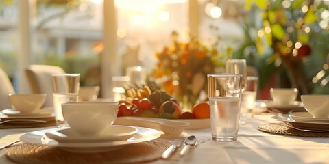 A table with a glass of water and a bowl of fruit. The table is set for a meal