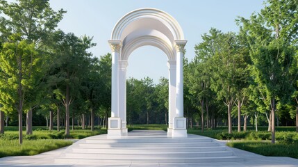 Obraz premium Majestic white arch surrounded by lush green trees under blue sky.