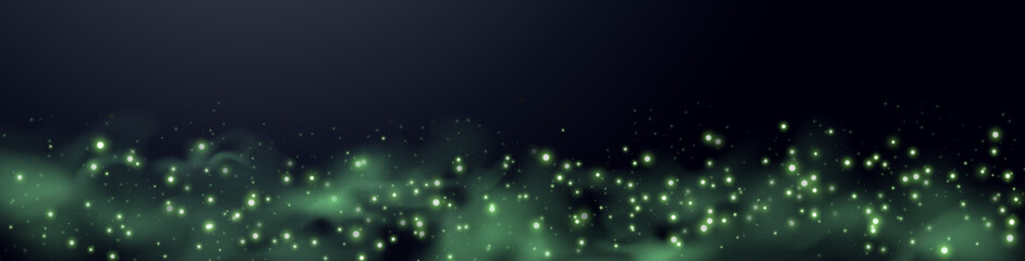 Green glittering dots, particles, stars magic sparks. Dust cloud flare light effect. Green luminous points with smoke. Vector particles on black background