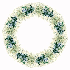 plant circle of baby's breath, ruscus leaf and silverdust leaf flowers for design purposes