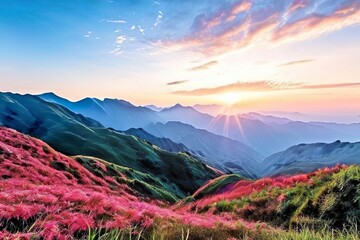 Sunset over mountain range with pink wildflowers
