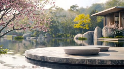 Modern Zen garden with cherry blossoms, serene pond, and stones.