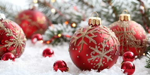 A red and gold ornament with snowflakes on it sits on a snowy surface. The scene is festive and joyful, with the snowflakes adding a touch of winter magic to the image