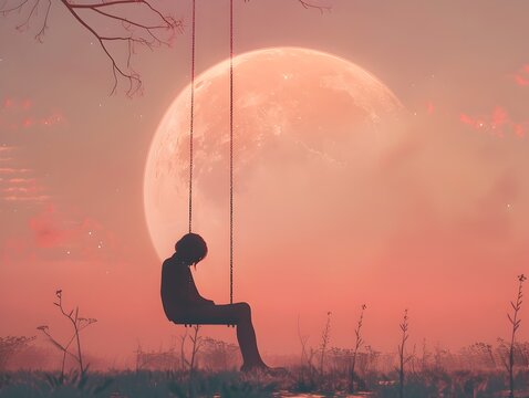 Silhouetted Figure Sitting Alone on a Swing in a Nostalgic Hazy Landscape