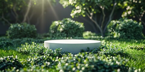 A white pedestal is in a grassy field with trees in the background. The scene is peaceful and serene, with the sun shining through the trees and casting a warm glow on the grass