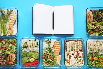 Healthy food. Different meals in glass containers, open notebook and pen on light blue background, flat lay