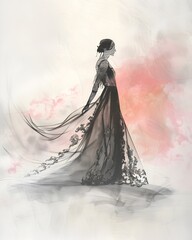 Elegant Fashion of a Graceful Female Figure in a Flowing Dress with Intricate Embroidery