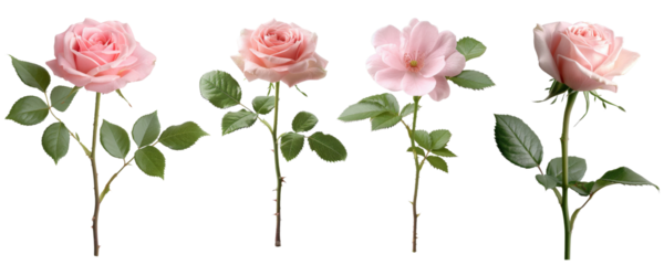 Four beautiful pink roses isolated on transparent background.