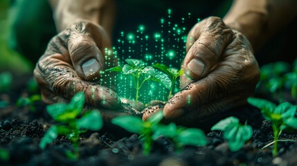 Monitoring Crop Growth Minimalist Farmer's Hands Engaging with Digital Interface for Statistics Analysis