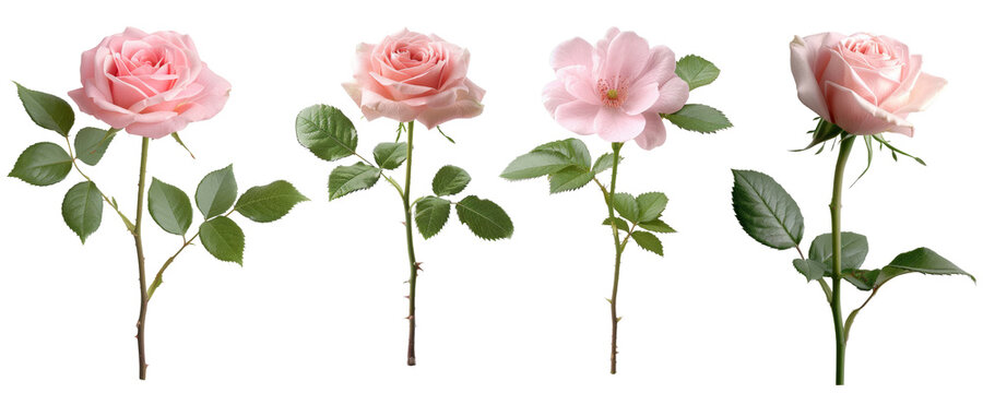 Four beautiful pink roses isolated on transparent background.