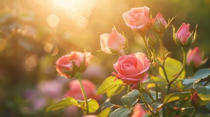 Fresh pink rose buds in sunlight for wallpaper