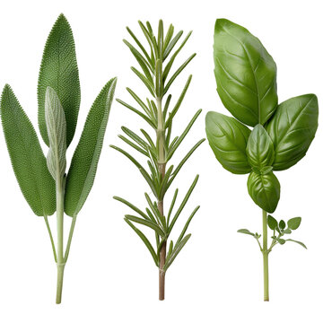 The image shows three sprigs of different aromatic herbs. There are sage, rosemary and basil.