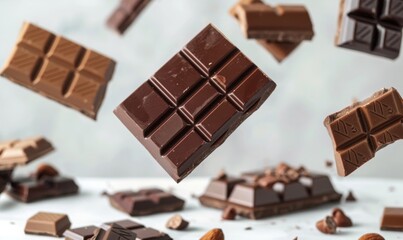 Different types of chocolate pieces and bars floating in mid-air with a white background