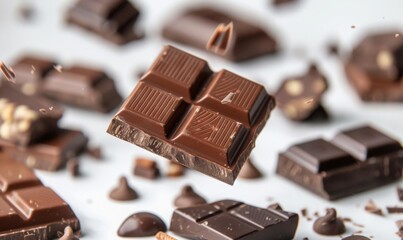 Different types of chocolate pieces and bars floating in mid-air with a white background
